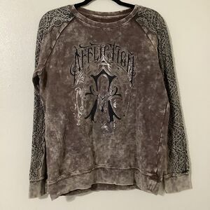 Affliction Brown Punk Grunge Distressed Lace Fairy Grunge Logo Sweatshirt M